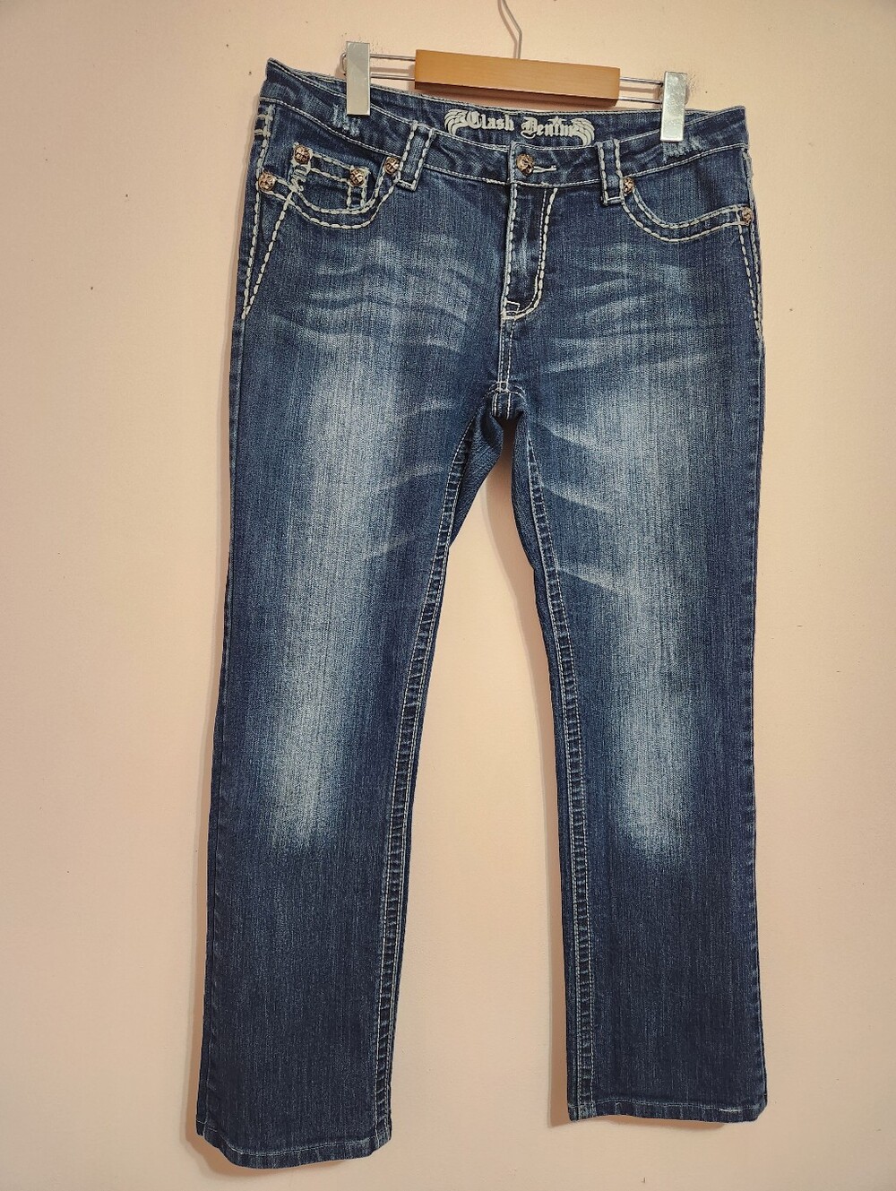 Clash Y2K McBling Western Fleur De Lis Flap Pocket Contrast Stitch Jeans 13